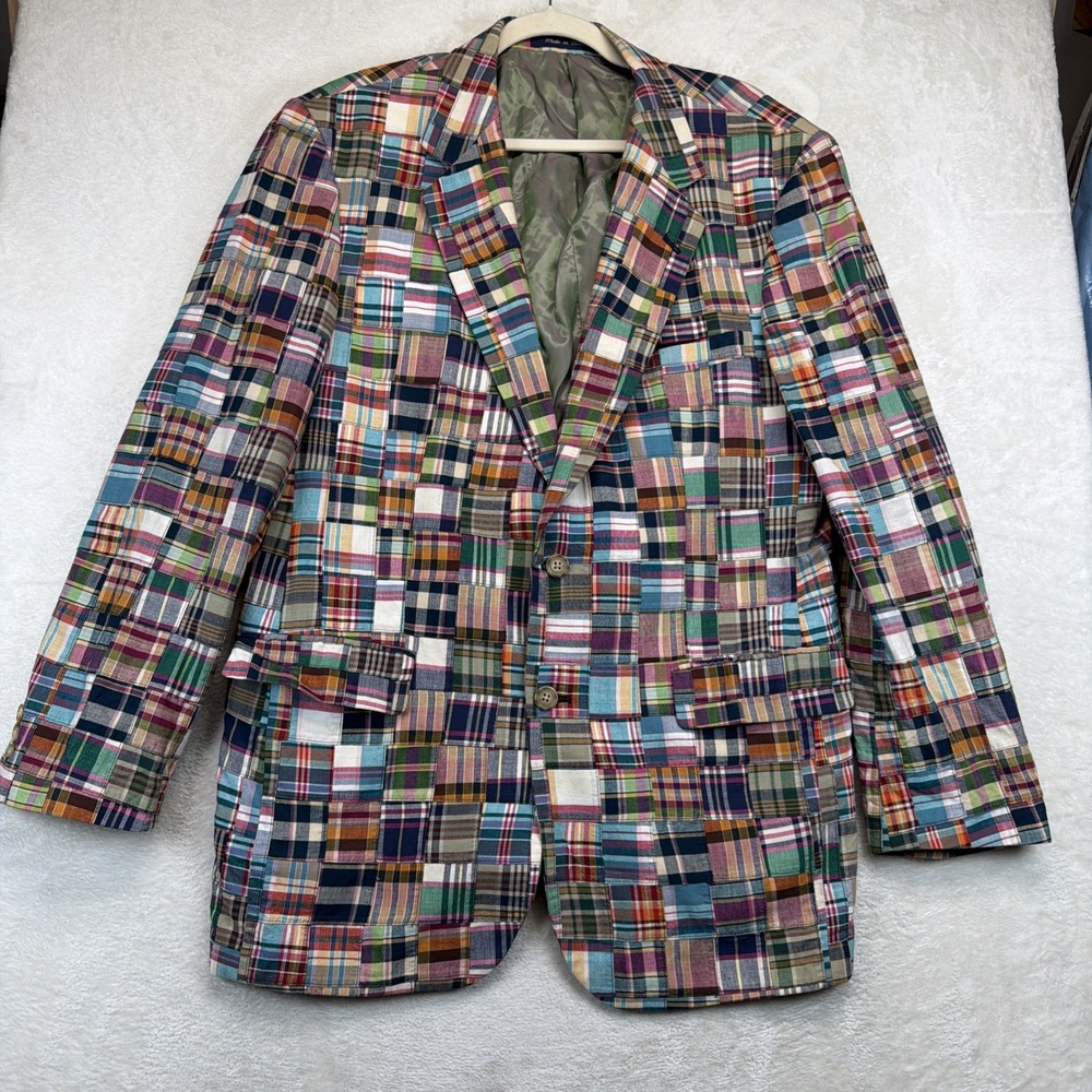 Alan Flusser Mens 42R Madras Patchwork Plaid Sport Coat Blazer Preppy Ivy